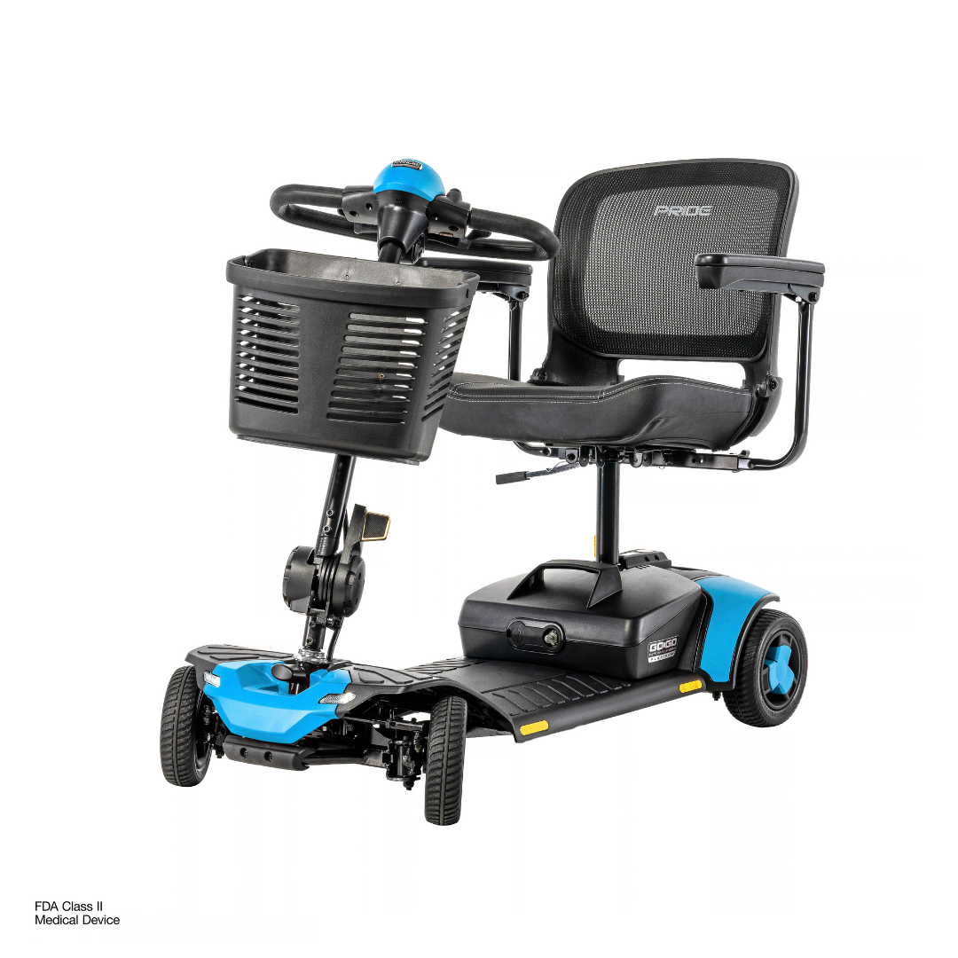 Pride Go Go® Elite Traveller Gen 3 Platinum Portable Scooter, a four-wheeled mobility scooter with a black mesh seat, blue accents, and a front-mounted storage basket.